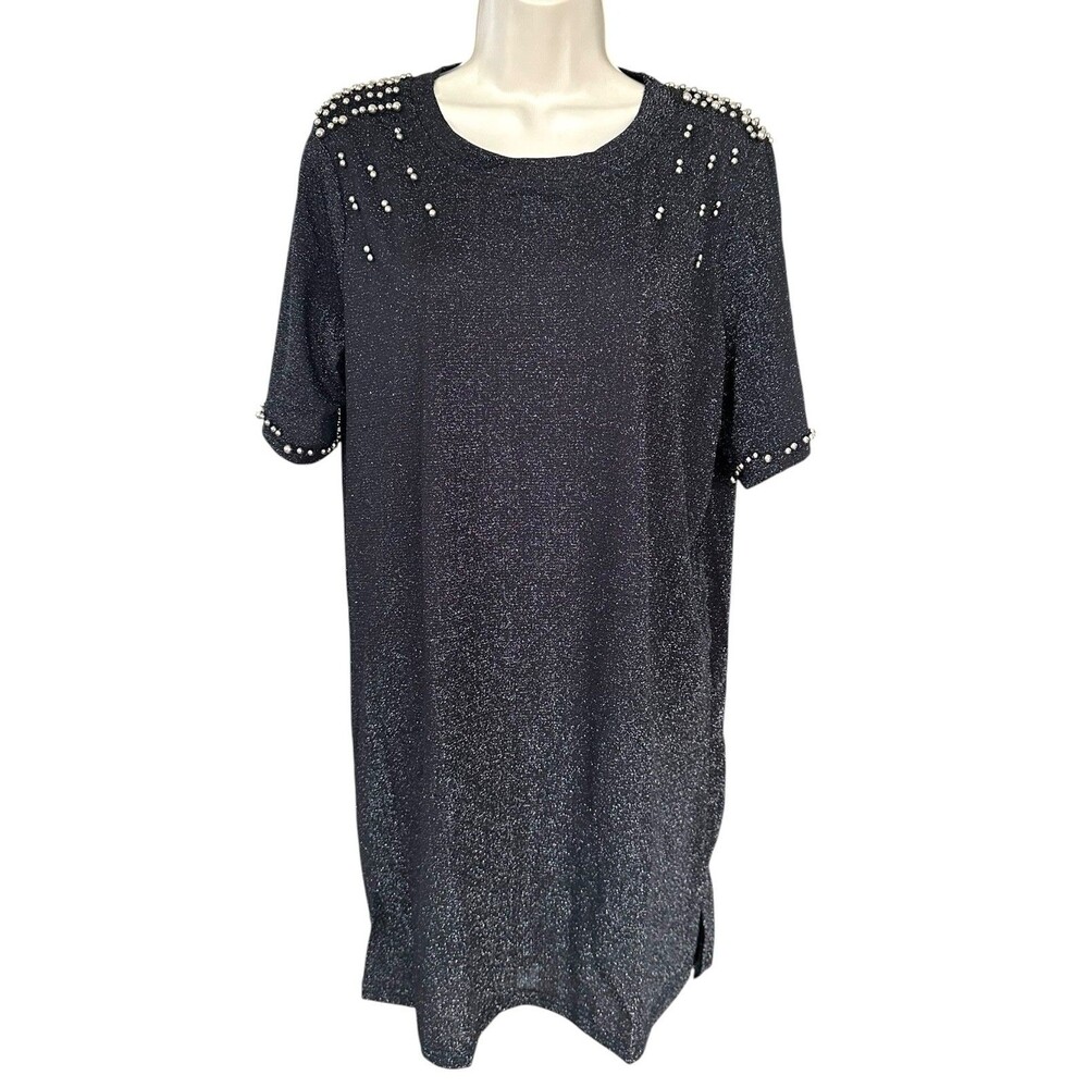 Miduo Women's Short Sleeve Embellished Shimmer Mini Dress Size M Black
